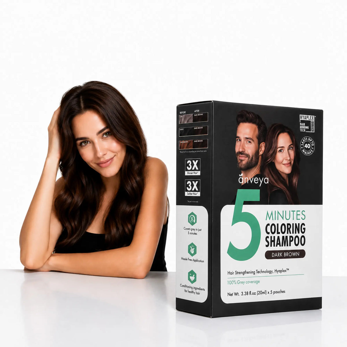 3-in-1 Hair Dye Shampoo – Dark Brown, 5-Minute 100% Grey Coverage, Ammonia-Free, 100ml