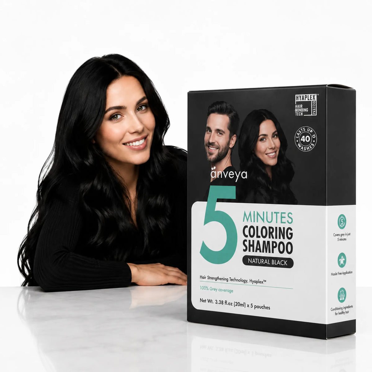 3-in-1 Hair Dye Shampoo – Natural Black, 5-Minute 100% Grey Coverage, Ammonia-Free, 100ml