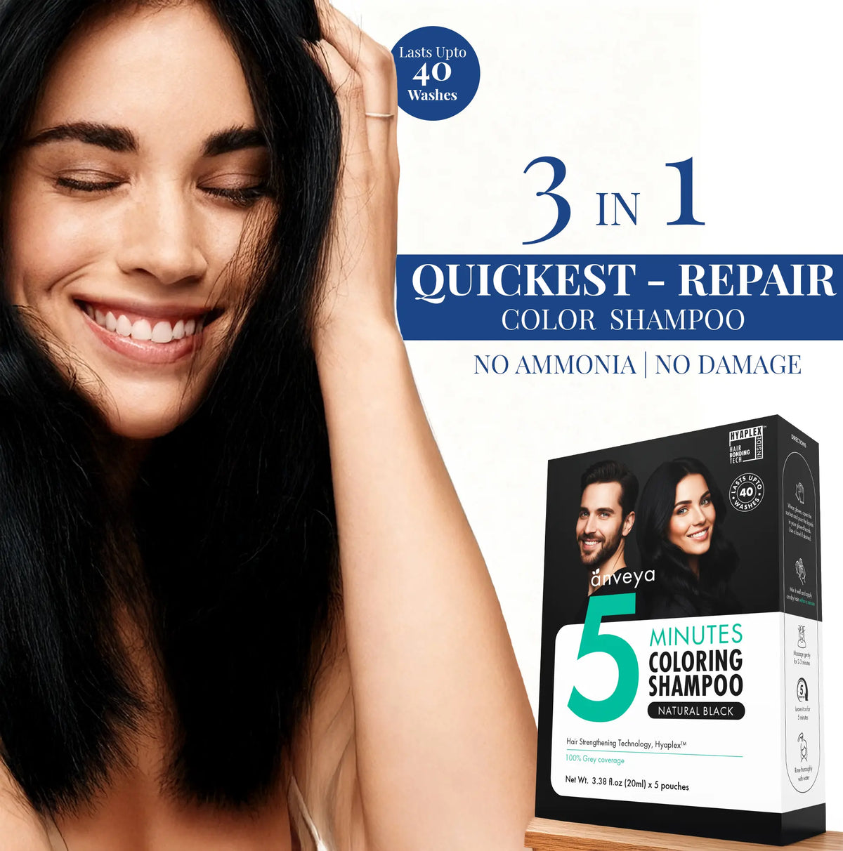 3-in-1 Hair Dye Shampoo – Natural Black, 5-Minute 100% Grey Coverage, Ammonia-Free, 100ml