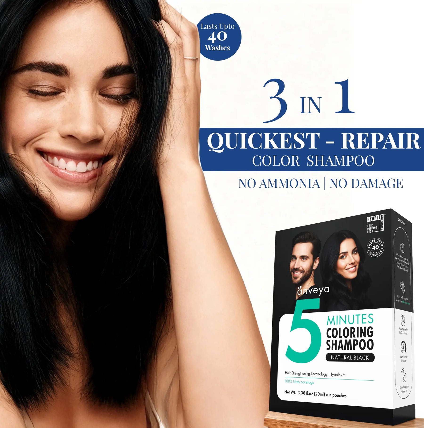 3-in-1 Hair Dye Shampoo – Natural Black, 5-Minute 100% Grey Coverage, Ammonia-Free, 100ml