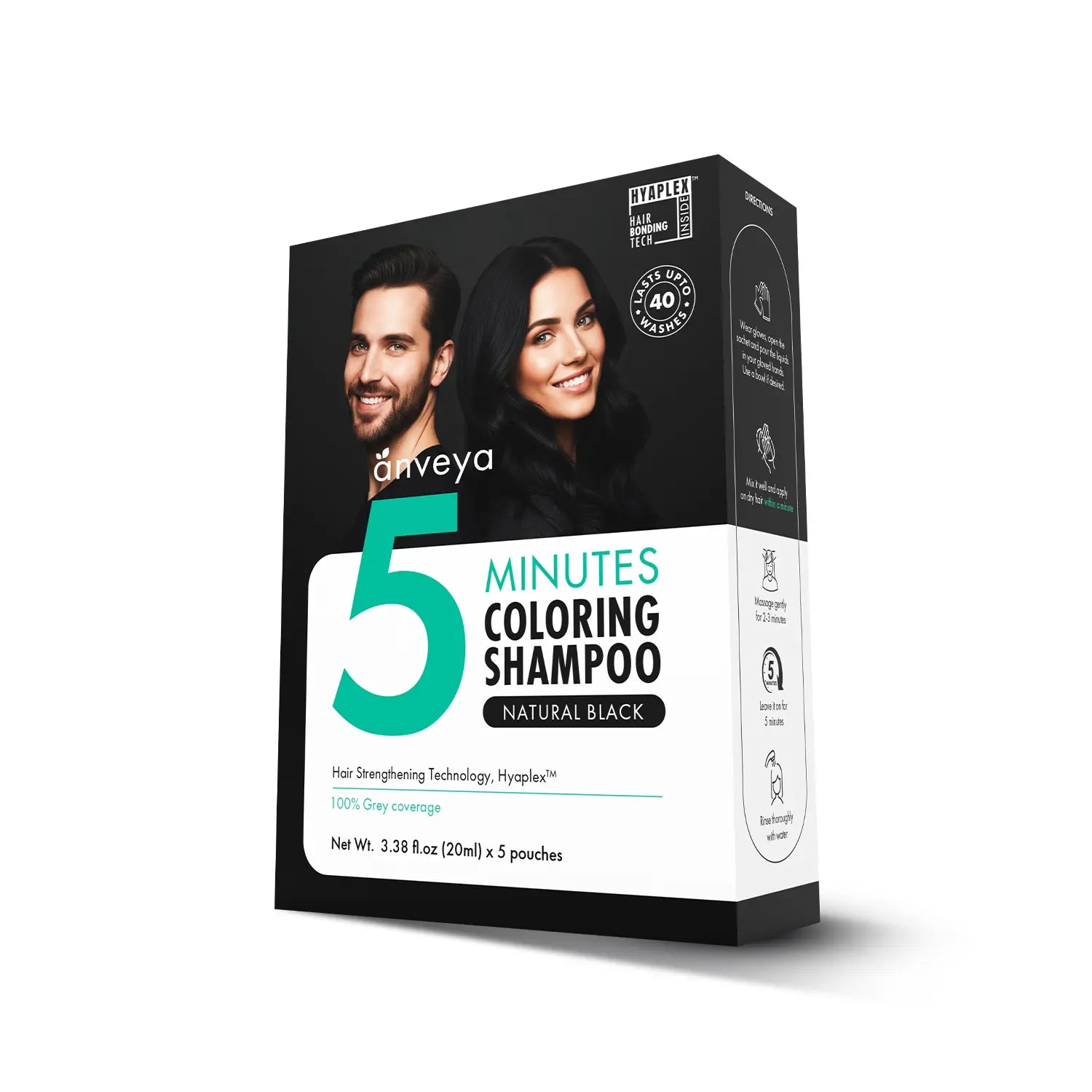 3-in-1 Hair Dye Shampoo – Natural Black, 5-Minute 100% Grey Coverage, Ammonia-Free, 100ml
