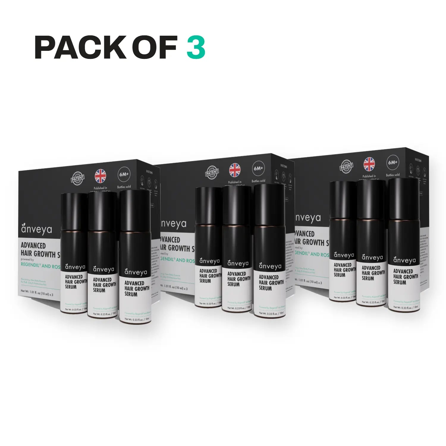 Advanced Hair Growth Serum Roll-On – Redensyl, Anagain & Caffeine, DHT Blocker, 3x10ml